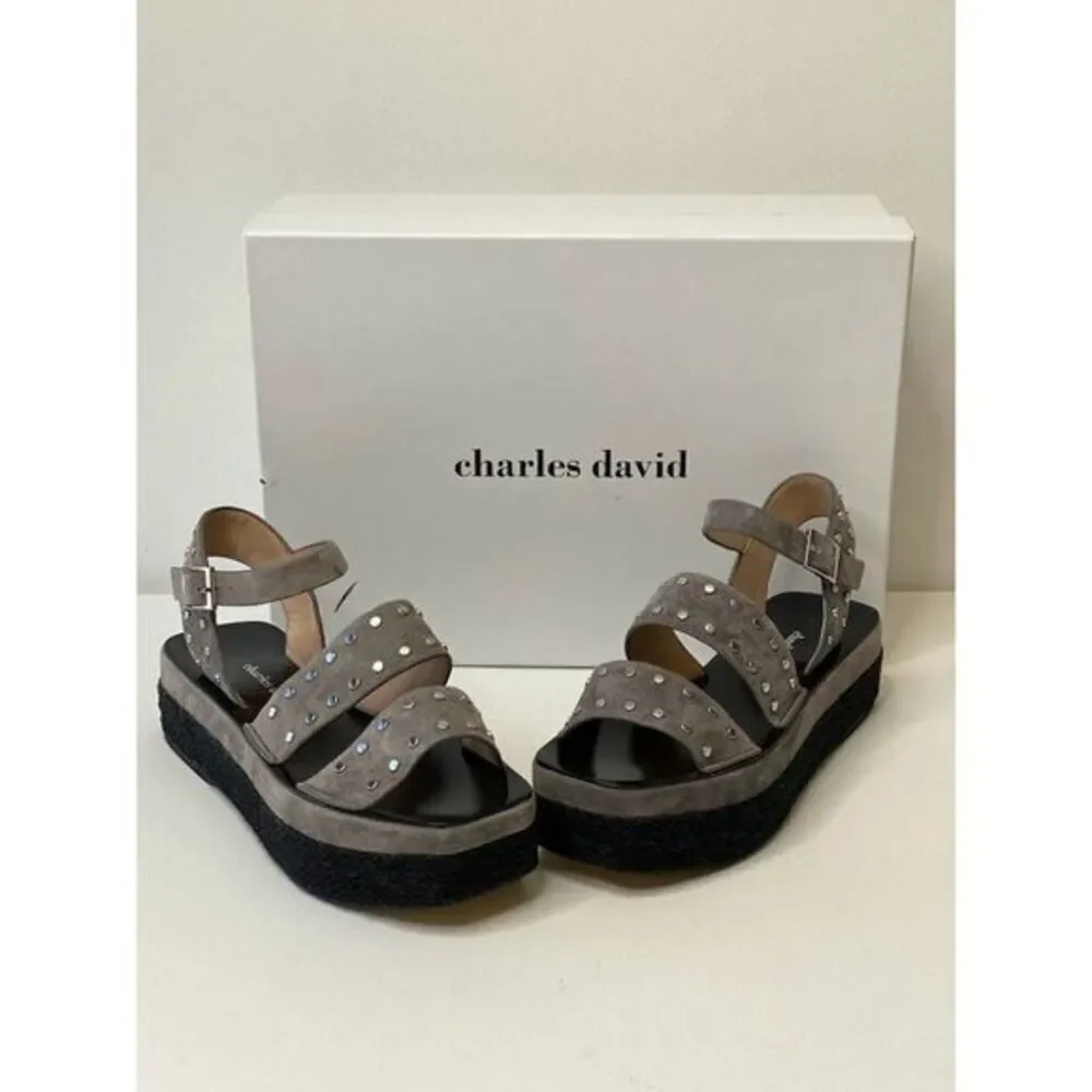 Charles David $219‎ Madeira Espadrille Platform Sandals 5.5 Black Gray Women's